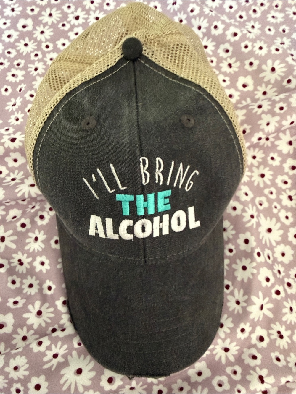 I'll Bring The Alcohol Embroidered Gray and Tan Mesh Cap